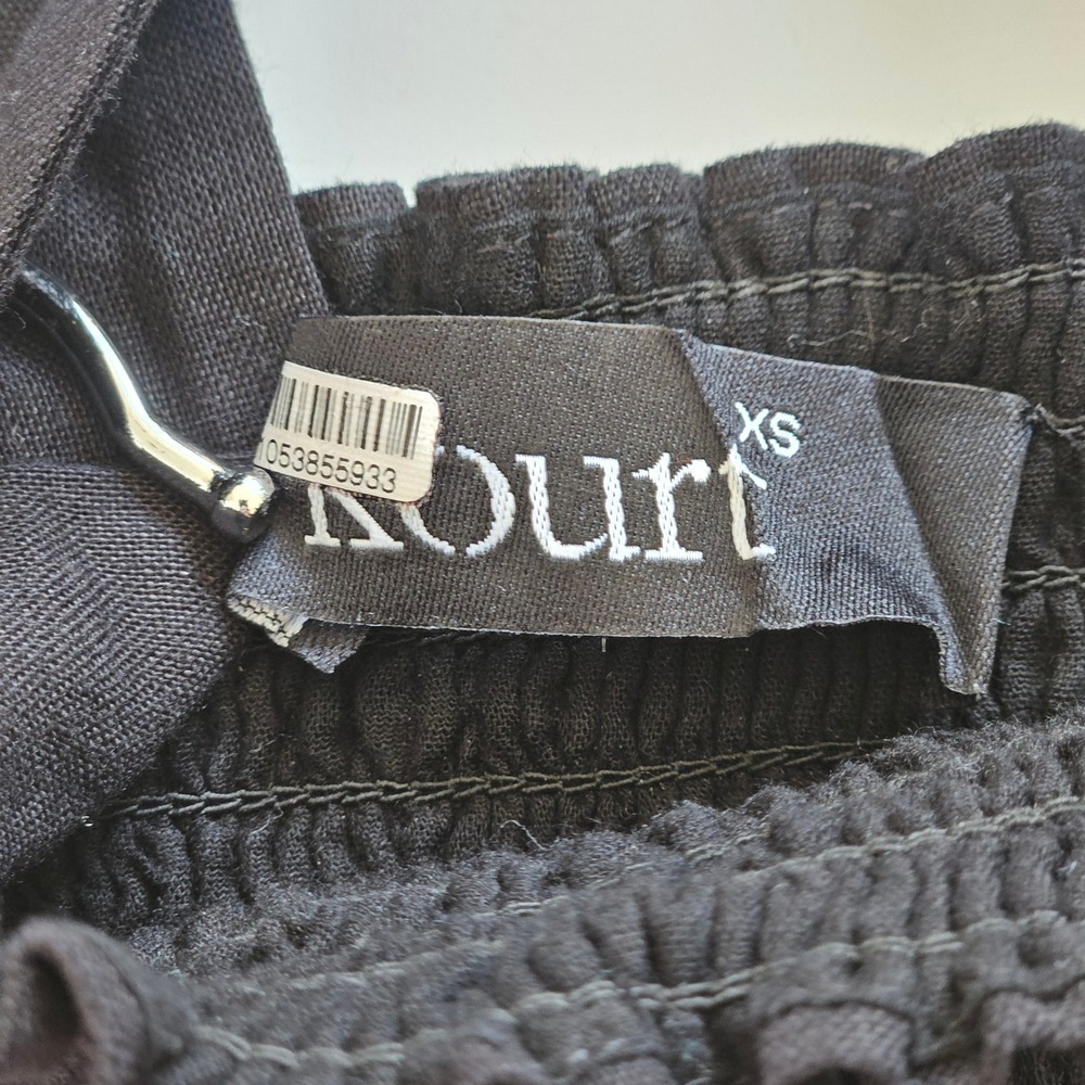 Kourt Black Smocked Linen Blend Tie Shoulder Peplum Little Black Top XS‎ - Picture 6 of 10